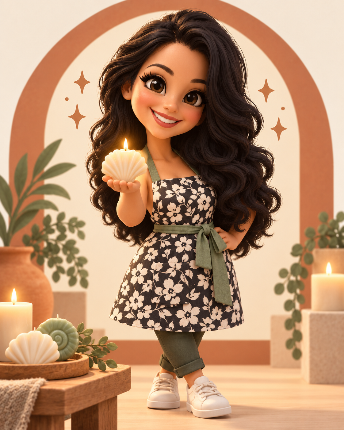 Illustrated portrait of Elaine, founder and maker of KALI Candle Craft